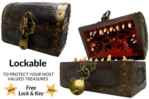 Galdor's Guild Mimic Dice Chest Storage Box | Free Lock & Key | Compatible with Dungeons & Dragons Players, Dungeon Master/DM RPG Gaming | Holder Vault Case | Holds 4 Polyhedral Sets (Regular)