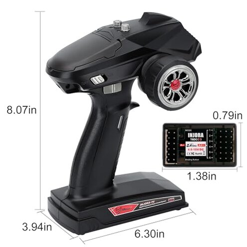 INJORA RC Transmitter 2.4GHz 6CH Controler and Receiver with Gyro Remote Inside Receiver for 1/8 1/10 RC Car Boat Tanks Crawler TRX4 SCX10 Upgrade Parts(T6DCG)