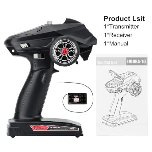 INJORA RC Transmitter 2.4GHz 6CH Controler and Receiver with Gyro Remote Inside Receiver for 1/8 1/10 RC Car Boat Tanks Crawler TRX4 SCX10 Upgrade Parts(T6DCG)
