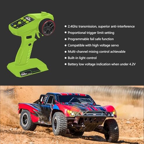 Hobby Fans RC Radio System 4CH 2.4G RC Transmitter with Receiver and Lanyard Anti-Jamming Remote Controller for RC Car Crawler Boat, Green & Black