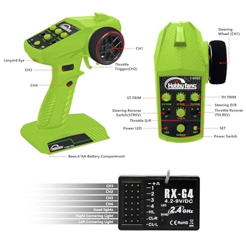 Hobby Fans RC Radio System 4CH 2.4G RC Transmitter with Receiver and Lanyard Anti-Jamming Remote Controller for RC Car Crawler Boat, Green & Black