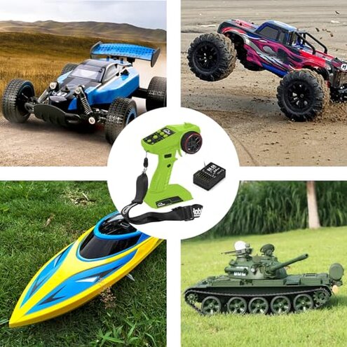 Hobby Fans RC Radio System 4CH 2.4G RC Transmitter with Receiver and Lanyard Anti-Jamming Remote Controller for RC Car Crawler Boat, Green & Black