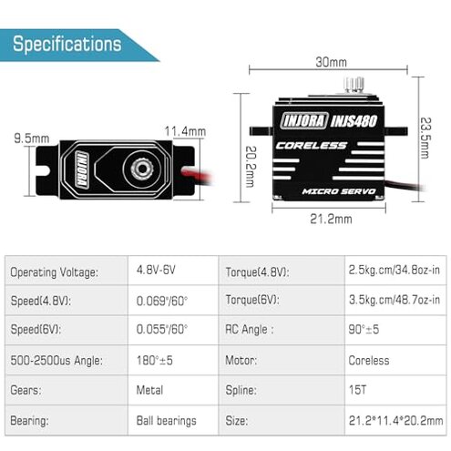 INJORA INJS480 Coreless Micro Servo with Servo Saver for Losi Micro-B Micro-T