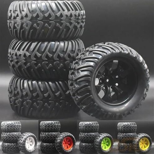 Chanmoo 1/10 RC Monster Truck Tires and Hard Plastic Wheels Rims 12mm Hex Rubber Buggy Off Road Tyres with Foam for 1:10 Scale Truck Car Traxxas VXL 2WD Hoss 4x4 HSP HPI Tamiya Kyosho 4PCS (Black)