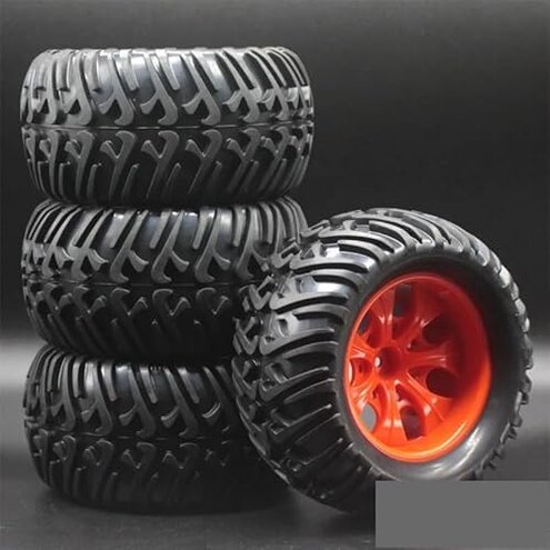 Chanmoo 1/10 RC Monster Truck Tires and Hard Plastic Wheels Rims 12mm Hex Rubber Buggy Off Road Tyres with Foam for 1:10 Scale Truck Car Traxxas VXL 2WD Hoss 4x4 HSP HPI Tamiya Kyosho 4PCS (Black)