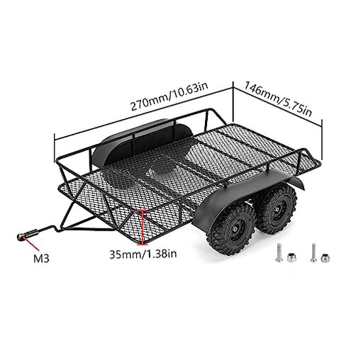 INJORA RC Trailer for Hauling Behind Car - Metal Hitch Mount Trailer for 1/18 RC Crawler TRX4M Defender Bronco K10 High Trail F150, 543g/each
