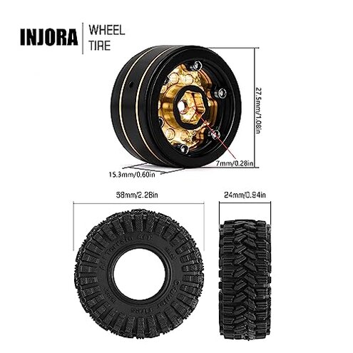 INJORA Black Coating Brass 1.0 Beadlock Wheel Tires Set for Axial SCX24 AX24 TRX4M FCX24 Upgrade 1/24 1/18 RC Crawler Car（Black）