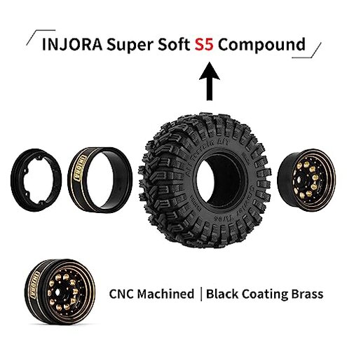INJORA Black Coating Brass 1.0 Beadlock Wheel Tires Set for Axial SCX24 AX24 TRX4M FCX24 Upgrade 1/24 1/18 RC Crawler Car（Black）