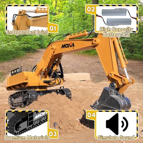 21" Large Remote Control Excavator Toy with Metal Bucket & Dozer Blade, 15-Channel RC Excavator Toys for Boys 6+ Kids Adults Construction Vehicles Christmas Birthday Gift, 120+Mins/Spray/Sound/Light