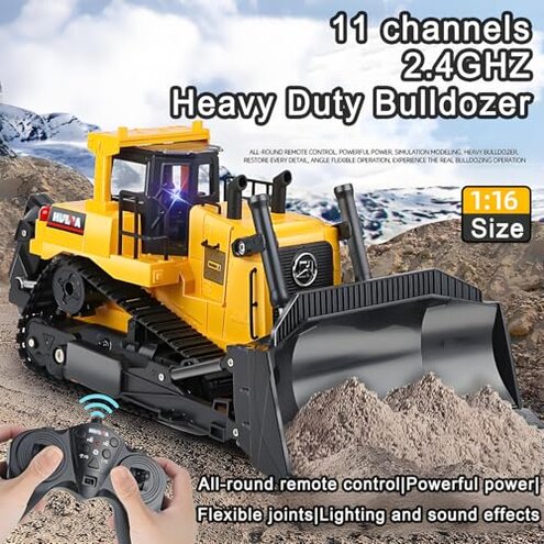 DFERGX Remote Control Bulldozer 1/16 RC Front Loader Tractor Toy 2.4Ghz RC Construction Vehicles RC Dozer Toys for Boys Adults, 9 Channel Track Dozer Cars with Light & Sound