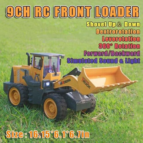 FANXMF RC Wheel Loader 1/14 9CH Remote Control Construction Vehicle Tractor 2.4G Articulated Dozer Front Loader Bulldozer Crawler with Lights & Sound Engineering Truck 2 Batteries Toys for Kids 6+