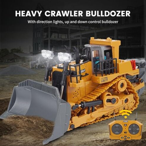 BICRKTOMXY 1:24 2.4G Alloy RC Bulldozer, 9CH All Terrains RC Equipment Construction Vehicles with Lights and Sound Effects, Gifts for Adults Hobbyist (RTR Version)