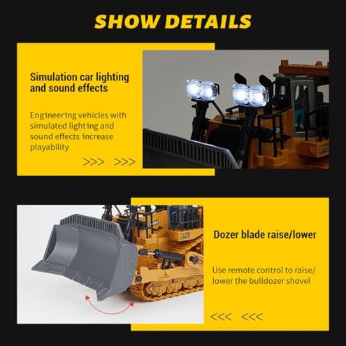 BICRKTOMXY 1:24 2.4G Alloy RC Bulldozer, 9CH All Terrains RC Equipment Construction Vehicles with Lights and Sound Effects, Gifts for Adults Hobbyist (RTR Version)