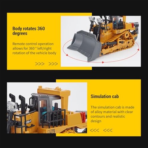 BICRKTOMXY 1:24 2.4G Alloy RC Bulldozer, 9CH All Terrains RC Equipment Construction Vehicles with Lights and Sound Effects, Gifts for Adults Hobbyist (RTR Version)