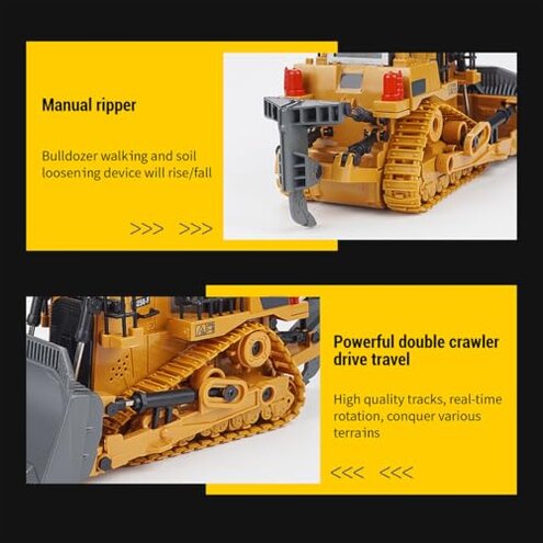 BICRKTOMXY 1:24 2.4G Alloy RC Bulldozer, 9CH All Terrains RC Equipment Construction Vehicles with Lights and Sound Effects, Gifts for Adults Hobbyist (RTR Version)