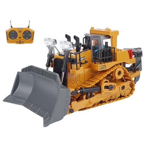 BICRKTOMXY 1:24 2.4G Alloy RC Bulldozer, 9CH All Terrains RC Equipment Construction Vehicles with Lights and Sound Effects, Gifts for Adults Hobbyist (RTR Version)