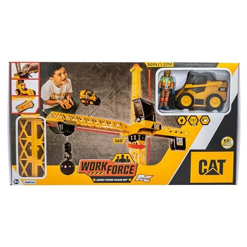 CAT Construction Workforce Jumbo Tower Crane Set, 50-Inch RC Crane Toy with 360-Degree Rotation, Hook and Wrecking Ball, Light, Skid Steer and 4" Figure, USB Rechargeable, Ages 5+