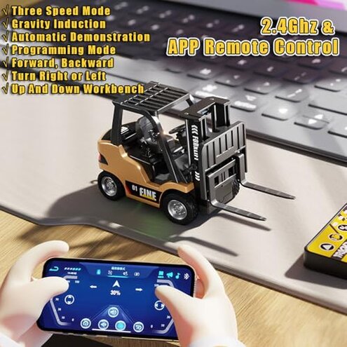 FANXMF RC Forklift with APP Control 1/64 Mini Metal Remote Control Forklifts Lift Fork & Hook 9 Channel 2 in 1 Construction Vehicle with Carrier Slab & Pull Back Car Engineering Truck (Yellow)