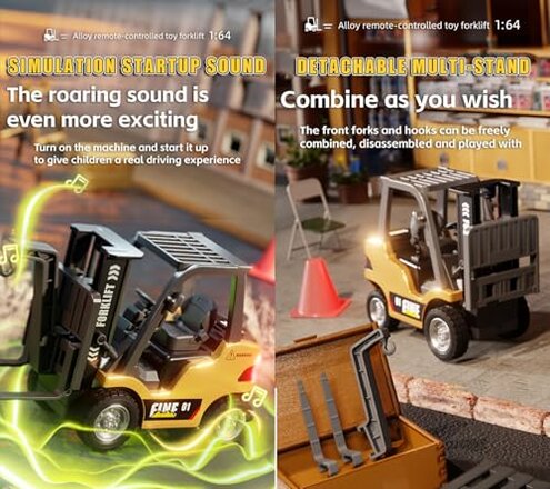 FANXMF RC Forklift with APP Control 1/64 Mini Metal Remote Control Forklifts Lift Fork & Hook 9 Channel 2 in 1 Construction Vehicle with Carrier Slab & Pull Back Car Engineering Truck (Yellow)