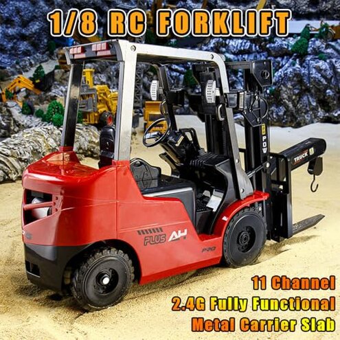 FANXMF RC Forklift 11 Channel Red Remote Control Forklift 1/8 2.4G Fully Functional Construction Vehicle with Metal Carrier Slab with Lights Sound Warehouse Engineering Truck Heavy Equipment