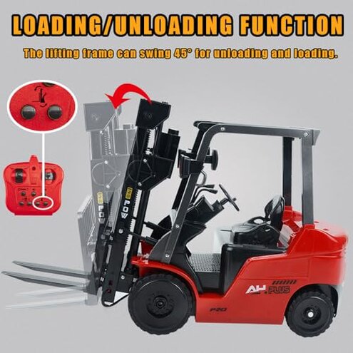 FANXMF RC Forklift 11 Channel Red Remote Control Forklift 1/8 2.4G Fully Functional Construction Vehicle with Metal Carrier Slab with Lights Sound Warehouse Engineering Truck Heavy Equipment
