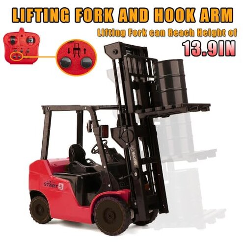 FANXMF RC Forklift 11 Channel Red Remote Control Forklift 1/8 2.4G Fully Functional Construction Vehicle with Metal Carrier Slab with Lights Sound Warehouse Engineering Truck Heavy Equipment
