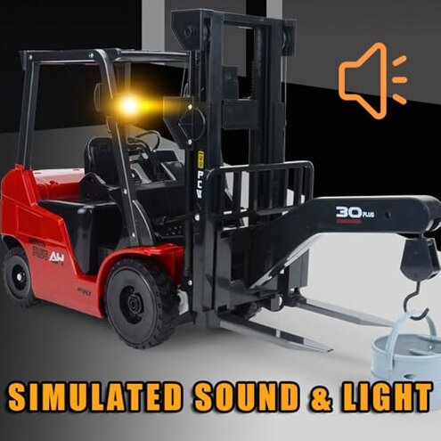 FANXMF RC Forklift 11 Channel Red Remote Control Forklift 1/8 2.4G Fully Functional Construction Vehicle with Metal Carrier Slab with Lights Sound Warehouse Engineering Truck Heavy Equipment