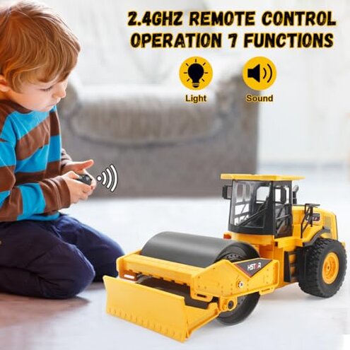 7-Channel Remote Control Road Roller Toy, [2025 Upgraded] 1:18 Scale Construction Vehicle, 100min Playtime, Realistic Sounds & Lights, Rechargeable, Indoor & Outdoor Play for Kids 6-16