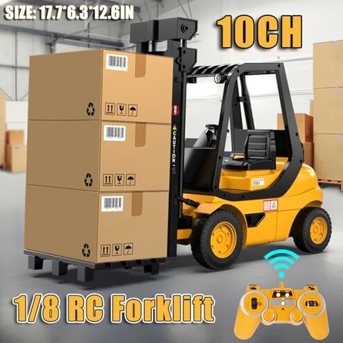 WANZRXX 1/8 RC Forklift 10-Channel Remote Control Forklift Truck Fully Functional 2.4G Construction Vehicle Heavy Equipment Automatic Presentation Engineering Truck Lift & Transport Action