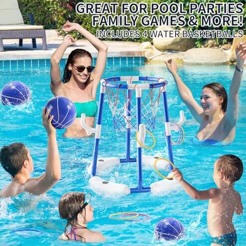 NIPLOOOW Pool Basketball Hoop, 2-in-1 Floating Pool Toys Ring Game with 4 Balls and Pump, Outdoor Swimming Pool Basketball Games Water Play Toy Family Party for Kids Adults Age 3-12 (Red)