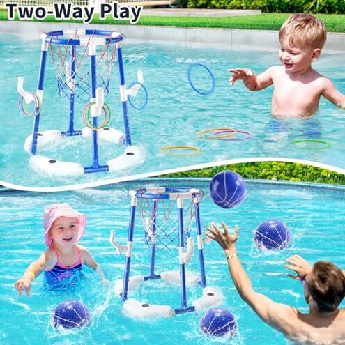 NIPLOOOW Pool Basketball Hoop, 2-in-1 Floating Pool Toys Ring Game with 4 Balls and Pump, Outdoor Swimming Pool Basketball Games Water Play Toy Family Party for Kids Adults Age 3-12 (Red)