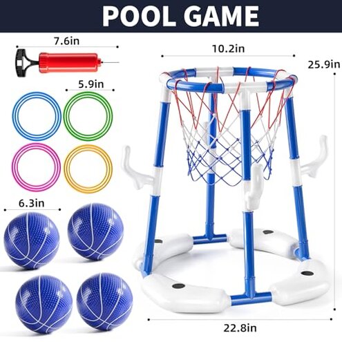 NIPLOOOW Pool Basketball Hoop, 2-in-1 Floating Pool Toys Ring Game with 4 Balls and Pump, Outdoor Swimming Pool Basketball Games Water Play Toy Family Party for Kids Adults Age 3-12 (Red)