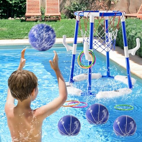 2-in-1 Pool Basketball Hoop & Ring Games with 4 Balls 12 Rings and Pump, Summer Water Outdoor Party Swimming Pool Toys Games for Kids Ages 4-8 8-12 Adult, Family Party Easter Birthday Games Toys