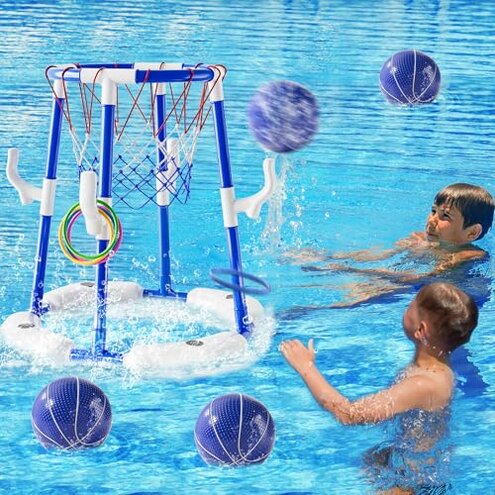 2-in-1 Pool Basketball Hoop & Ring Games with 4 Balls 12 Rings and Pump, Summer Water Outdoor Party Swimming Pool Toys Games for Kids Ages 4-8 8-12 Adult, Family Party Easter Birthday Games Toys