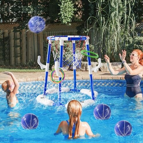 2-in-1 Pool Basketball Hoop & Ring Games with 4 Balls 12 Rings and Pump, Summer Water Outdoor Party Swimming Pool Toys Games for Kids Ages 4-8 8-12 Adult, Family Party Easter Birthday Games Toys