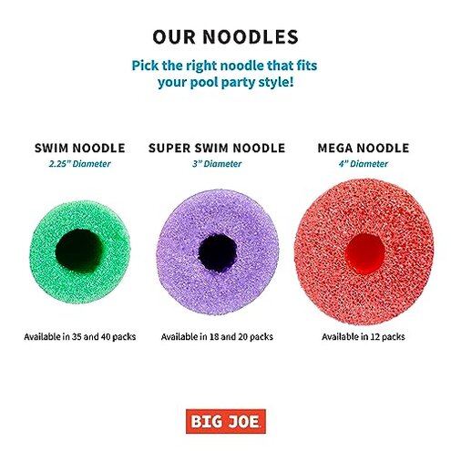 Big Joe Swim Noodle 40 Pack Pool Noodles, Assorted Coral, Purple, Yellow Foam, 4 feet, 50" L x 2" W x 2" H Each