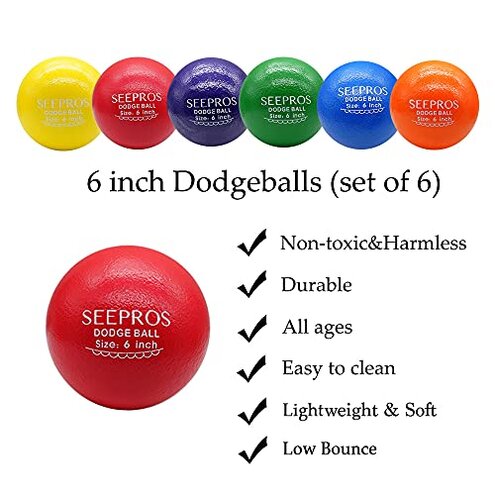 SEEPROS Foam Dodgeball Set - Soft Skin, Low Bounce, Set of 6 with Mesh Storage Bag for Kids and Adults(6 inch)