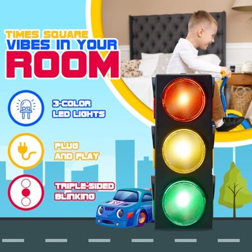 Playbees Traffic Light Lamp with Base 12.25 inches USB Traffic Light with Vibrant Color Blinking Modes Decoration for Classrooms Bedrooms Stop Sign Room Decor