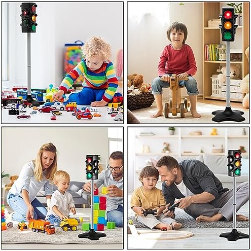 Hiboom 1 Piece Traffic Light Toy 2 in 1 Simulation Safety Traffic Indicator Crosswalk Signal with Lights and Sounds for Birthday Educational Toy Gift 4 Sides, 28.3 Inch Height