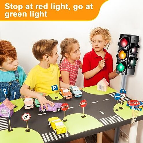 Hiboom 1 Piece Traffic Light Toy 2 in 1 Simulation Safety Traffic Indicator Crosswalk Signal with Lights and Sounds for Birthday Educational Toy Gift 4 Sides, 28.3 Inch Height