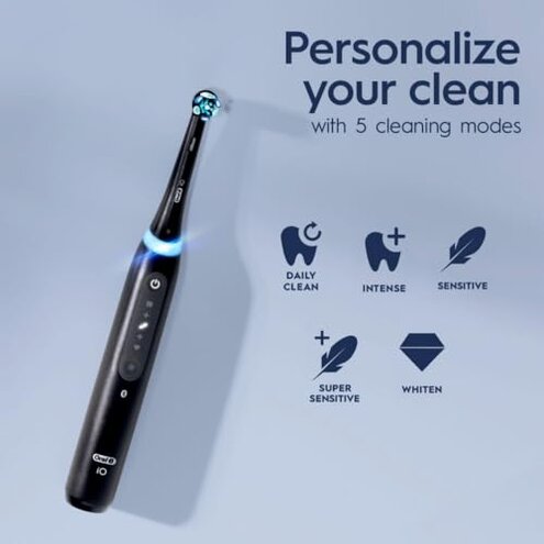 Oral-B iO Deep Clean + Whiten Rechargeable Electric Toothbrush with Visible Pressure Sensor, 2 Minute Timer, 5 Cleaning Settings, 1 iO5 Limited, 3 Toothbrush Heads, Travel Case & Refill Holder, Black