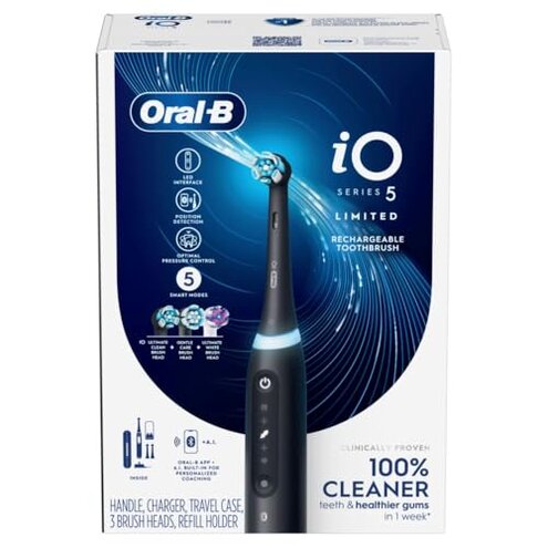 Oral-B iO Deep Clean + Whiten Rechargeable Electric Toothbrush with Visible Pressure Sensor, 2 Minute Timer, 5 Cleaning Settings, 1 iO5 Limited, 3 Toothbrush Heads, Travel Case & Refill Holder, Black