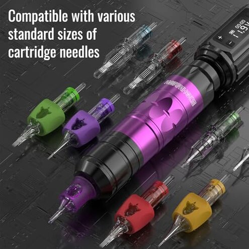Wormhole Tattoo Gun Tattoo Kit with Wireless Tattoo Machine, 2PCS 1,200mAh Capacity Tattoo Batteries, 20 Cartridge Needles with Finger Ledge, Ink Color Set for Artists-Purple