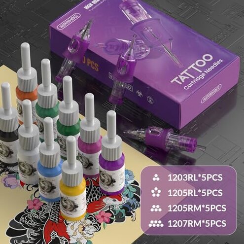 Wormhole Tattoo Gun Tattoo Kit with Wireless Tattoo Machine, 2PCS 1,200mAh Capacity Tattoo Batteries, 20 Cartridge Needles with Finger Ledge, Ink Color Set for Artists-Purple