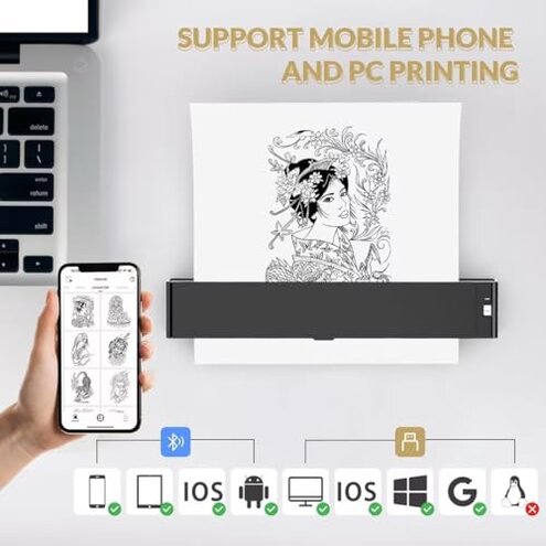 Wormhole Tattoo Stencil Printer, Wireless Bluetooth Tattoo Printer with 2500mAh Battery, Portable Tattoo Thermal Copier Machine Compatible with Smartphones & PC N202007