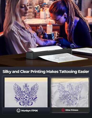 MUNBYN Tattoo Stencil Printer ITP06, 300DPI Wireless Thermal Tattoo Printer with 20 Transfer Papers, Tattoo Printers Compatible with Smartphone & PC for Tattoo Artists & Beginners