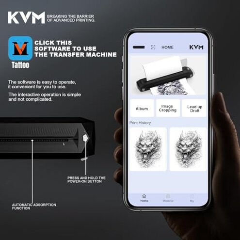 KVM Wireless Tattoo Heat Transfer Template Printer with LED Light Strip, Supporting Bluetooth or USB connectivity. Suitable for Tattoo Artists and Beginners, Connects to Smartphones or laptops.
