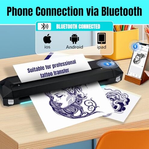 KVM Wireless Tattoo Heat Transfer Template Printer with LED Light Strip, Supporting Bluetooth or USB connectivity. Suitable for Tattoo Artists and Beginners, Connects to Smartphones or laptops.