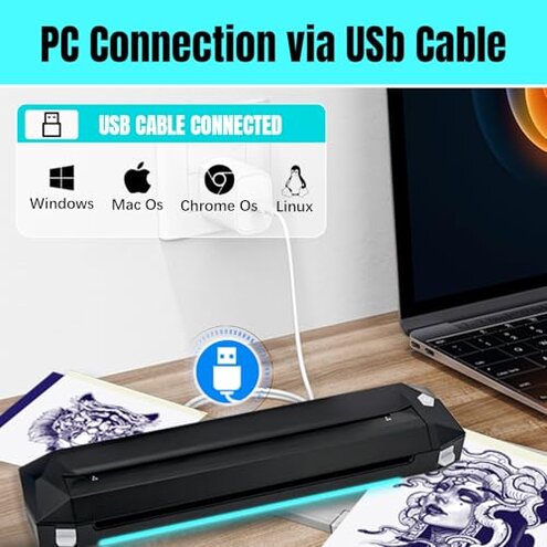 KVM Wireless Tattoo Heat Transfer Template Printer with LED Light Strip, Supporting Bluetooth or USB connectivity. Suitable for Tattoo Artists and Beginners, Connects to Smartphones or laptops.