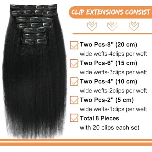 Kinky Straight Clip ins 8Pcs 120g 14 Inch Clip in Hair Extensions Real Human Hair Yaki Straight Clipins for Black Women Full Head Brazilian Remy Hair Extensions Double Weft 20 Clips
